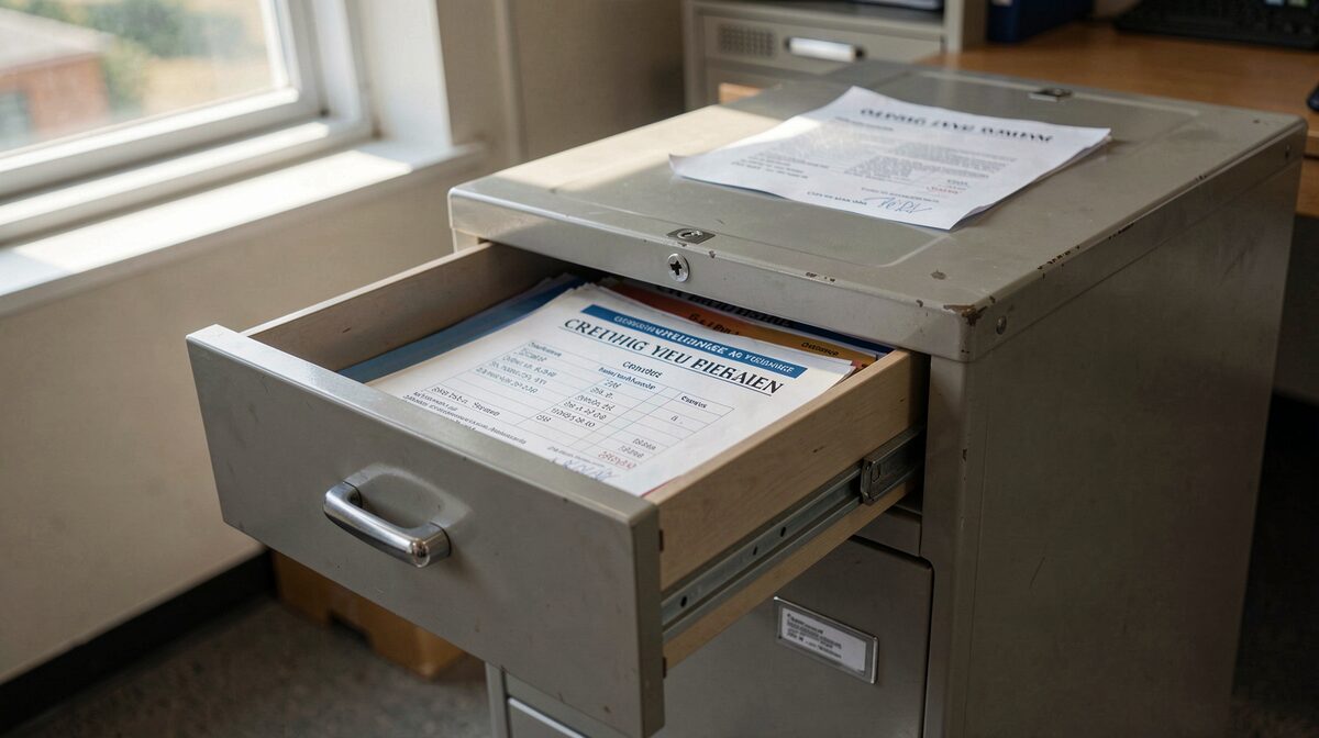 A steel filing cabinet in a crewing office, one drawer open, paper crew lists and certificates in labelled folders, daylight from a window falling across the top of the cabinet.