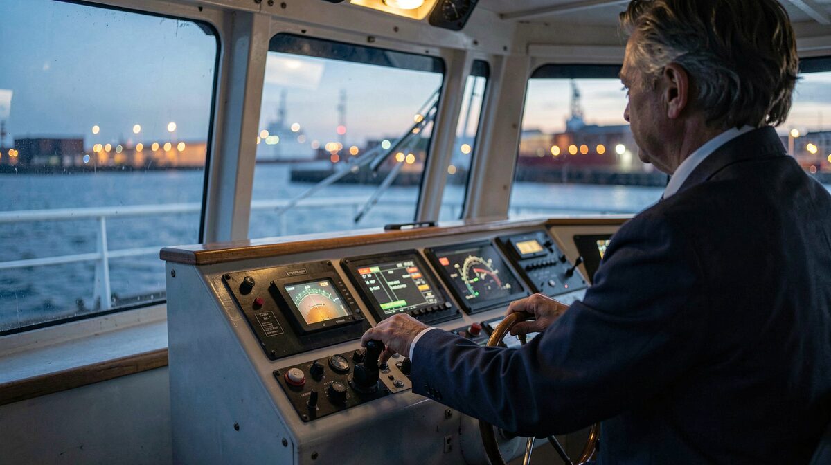 A ship's bridge at first light, the master's hand resting on the engine telegraph handle, harbour lights still visible through the wheelhouse windows, shot from behind the console.